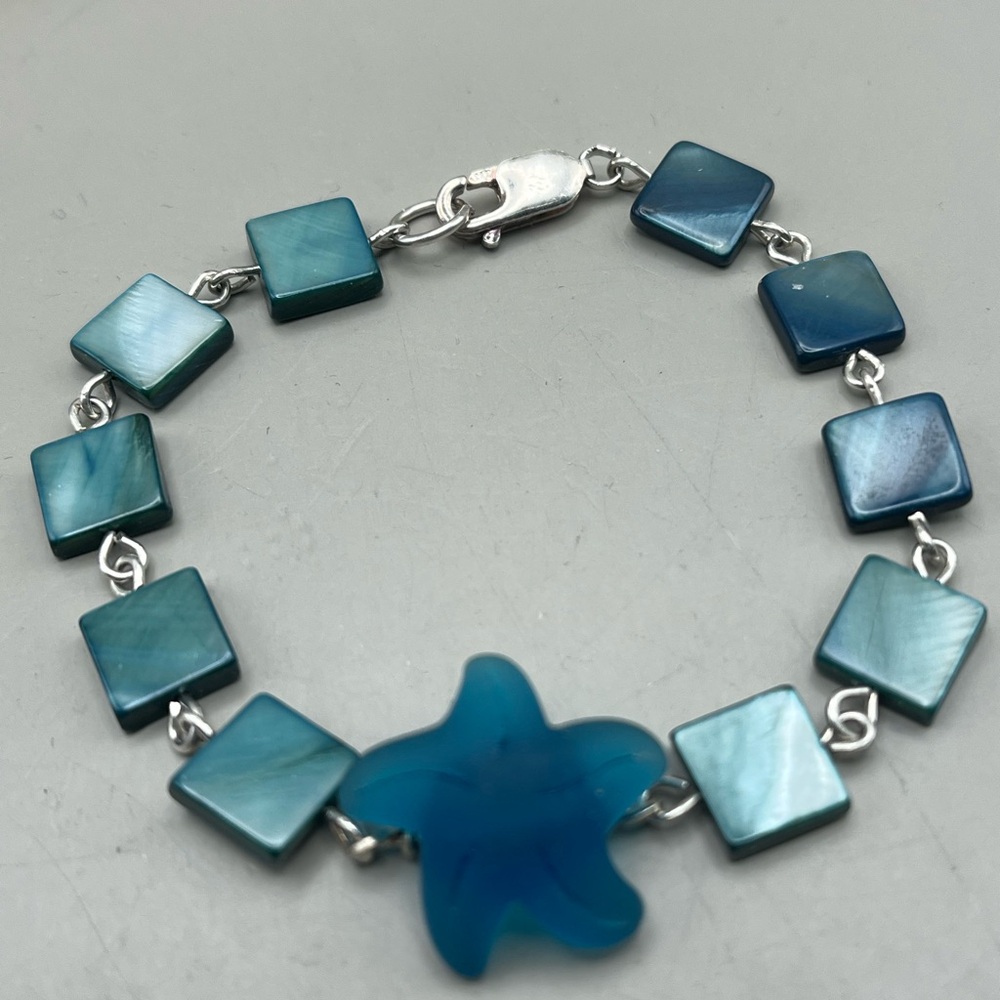 Sterling Silver Starfish Bracelet Blue Square Shell Beads Coastal Ocean Jewelry